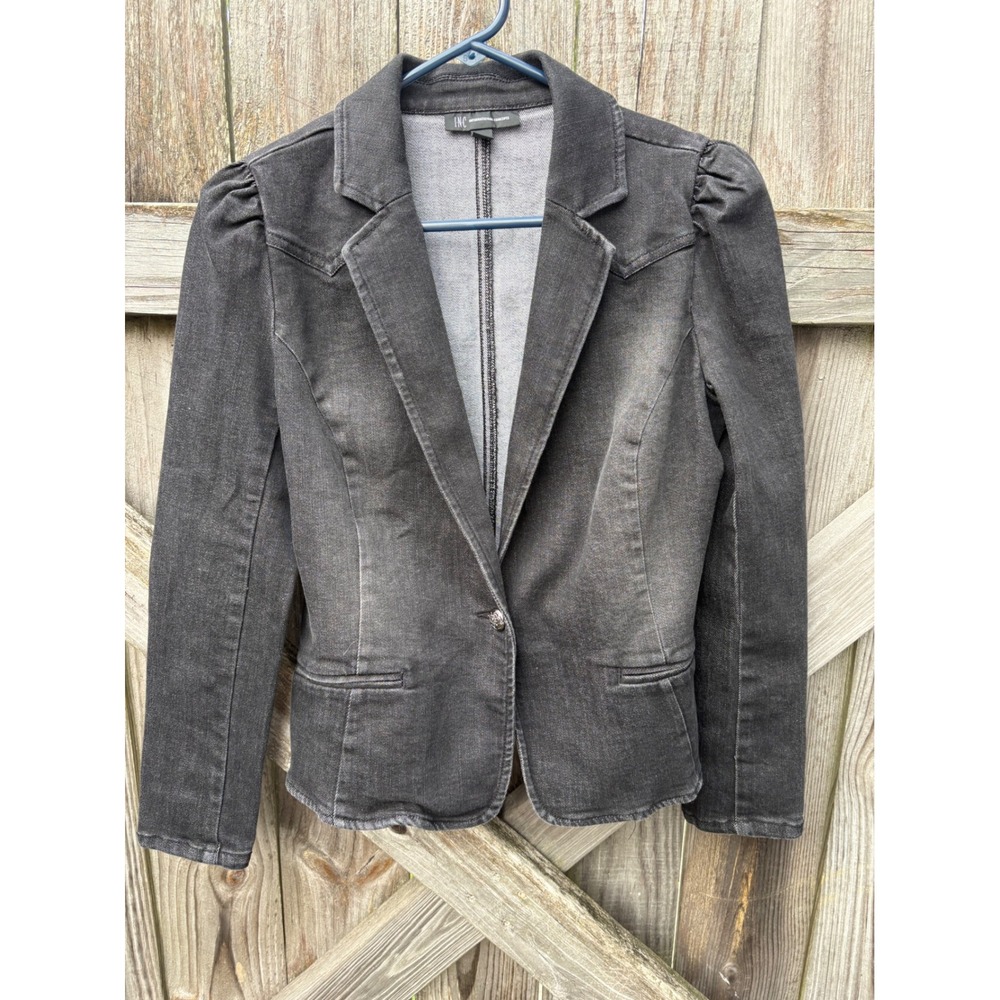 INC International Concepts Black Denim Puff Shoulder Blazer Jacket Medium